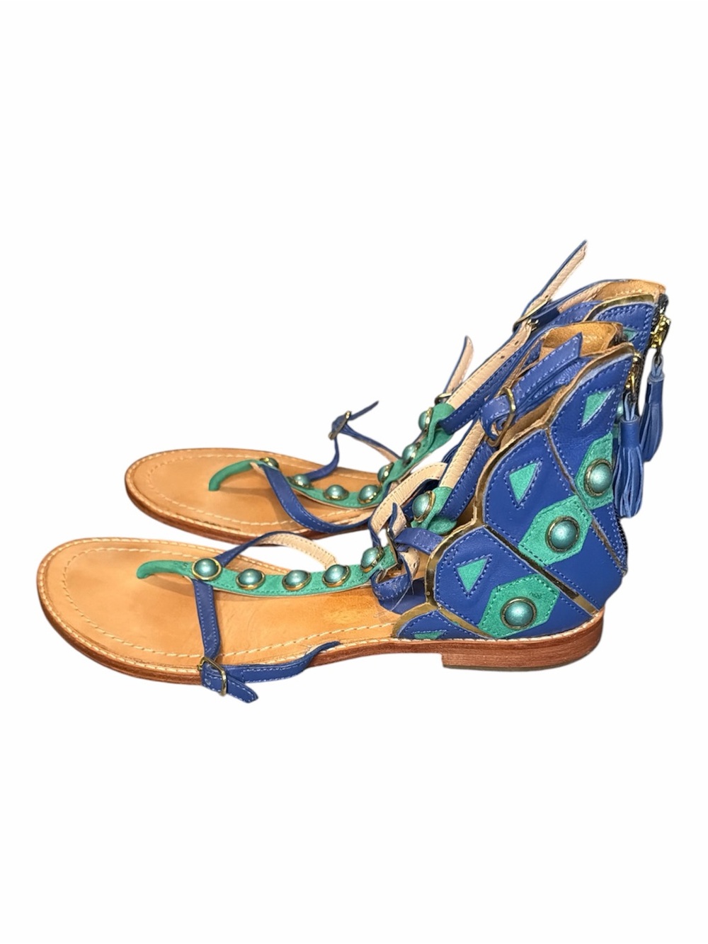 Kate Spade Soto Peacock Leather Sandals Sz 7M Blue Green Studded Tassel T-Strap